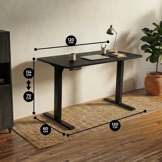 Zwart bureau met afmetingen 120x60 cm, hoogte 70-114 cm.