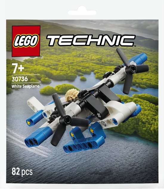 Wit LEGO Technic watervliegtuig met blauwe en zwarte details, 82 onderdelen.