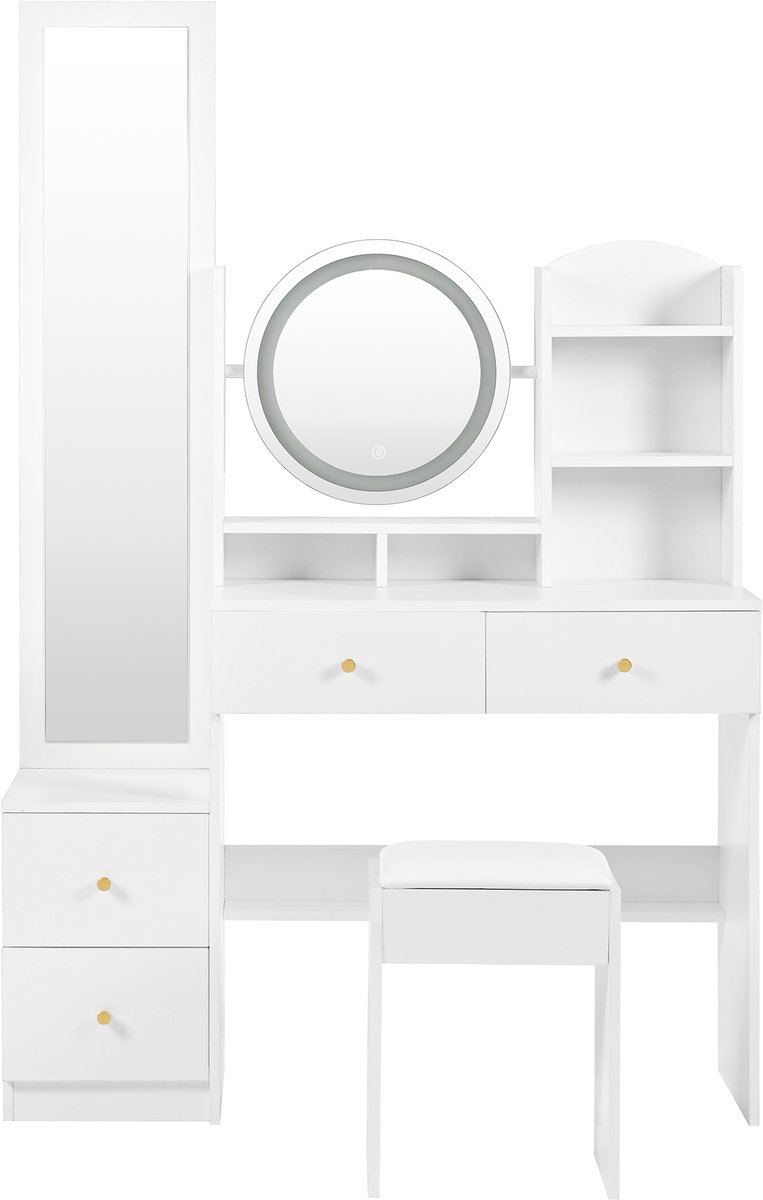 4-in-1 Schminktafel, Make-up Tafel met Ganzkörperspiegel en Draaibare Tafelspiegel, Schminktafel Kruk, LED-verlichting in 3 kleuren, Metalen Handgrepen, Wit, Afmetingen: H164 cm × B109 cm × D36 cm