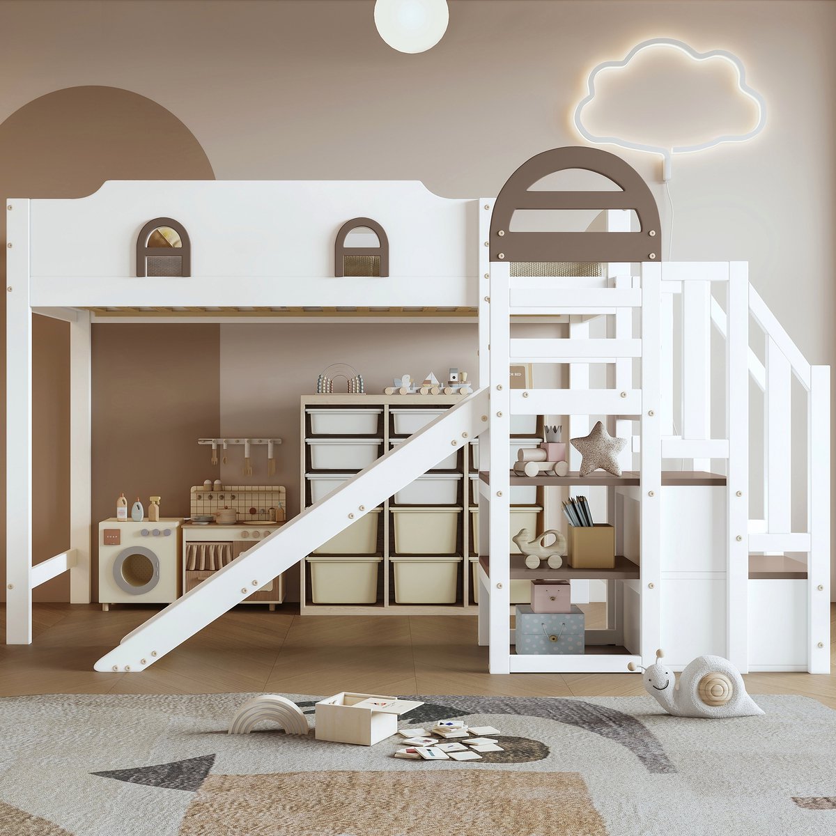 Wishdor Stapelbed 90x200 cm - Met Ramen, Glijbaan & Opbergtrap - Compleet & Speels - Massief Hout & MDF - Wit