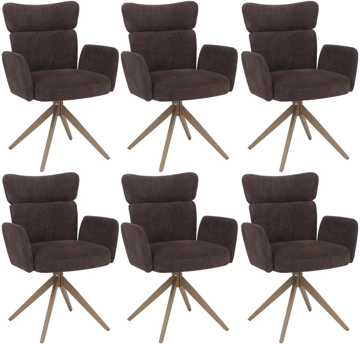 Set van 6 eetkamerstoelen MCW-N11, stoel, draaibaar, Auto-Return, bouclé-stof 350 g/m², Oeko-Tex ~ donkerbruin, poten met houtlook