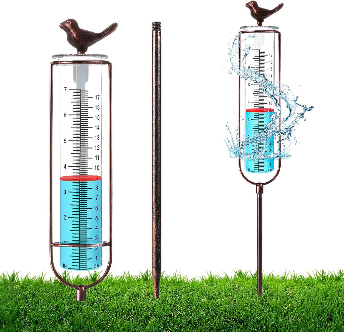 Glazen regenmeter voor buiten met metalen paal en vogeldecoratie