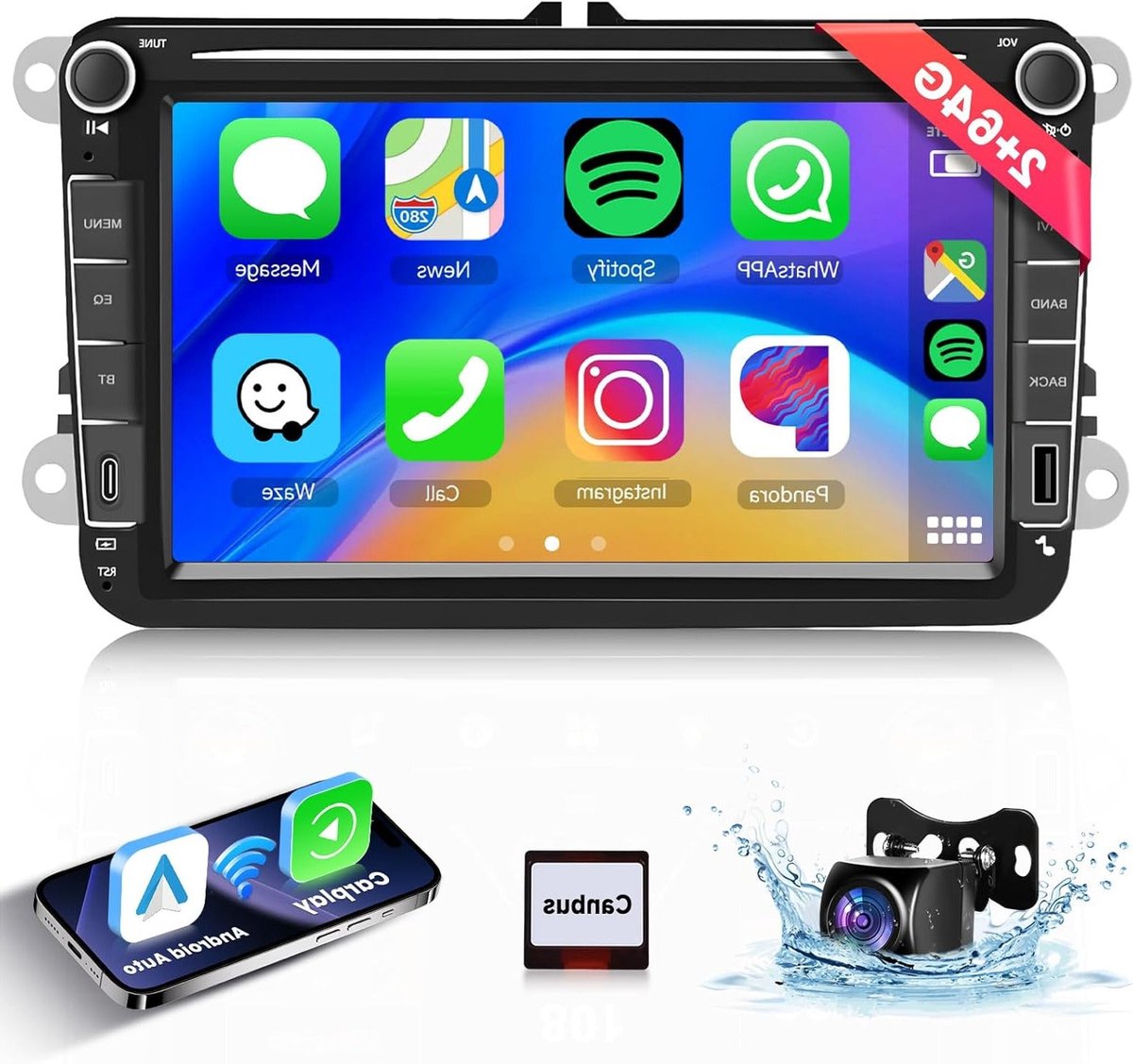 8 inch Android Autoradio – Carplay Radio – Android Auto Systeem – Touchscreen Multimedia – GPS Navigatie – WiFi Connectie – Bluetooth Handsfree – Achteruitrijcamera Met Nachtzicht