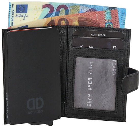 Porte Double-D / Porte-cartes de crédit - Compartiment monnaie et billets - Anti Skim - 8 cartes - 100% Cuir - Zwart