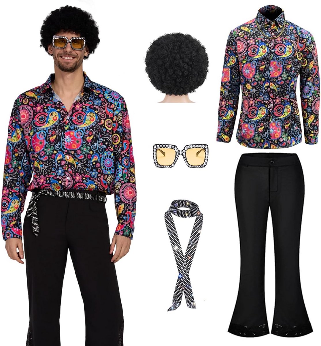 Jaren 70 Discokostuum Set Heren 5 Delig Glitterbroek en Overhemd
