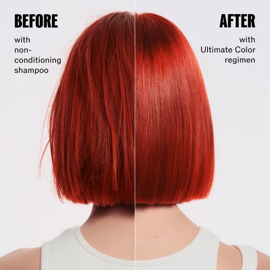 Voor en na: kort rood haar. Links droog en dof na shampoo, rechts glanzend en verzorgd na Wella Ultimate Color.