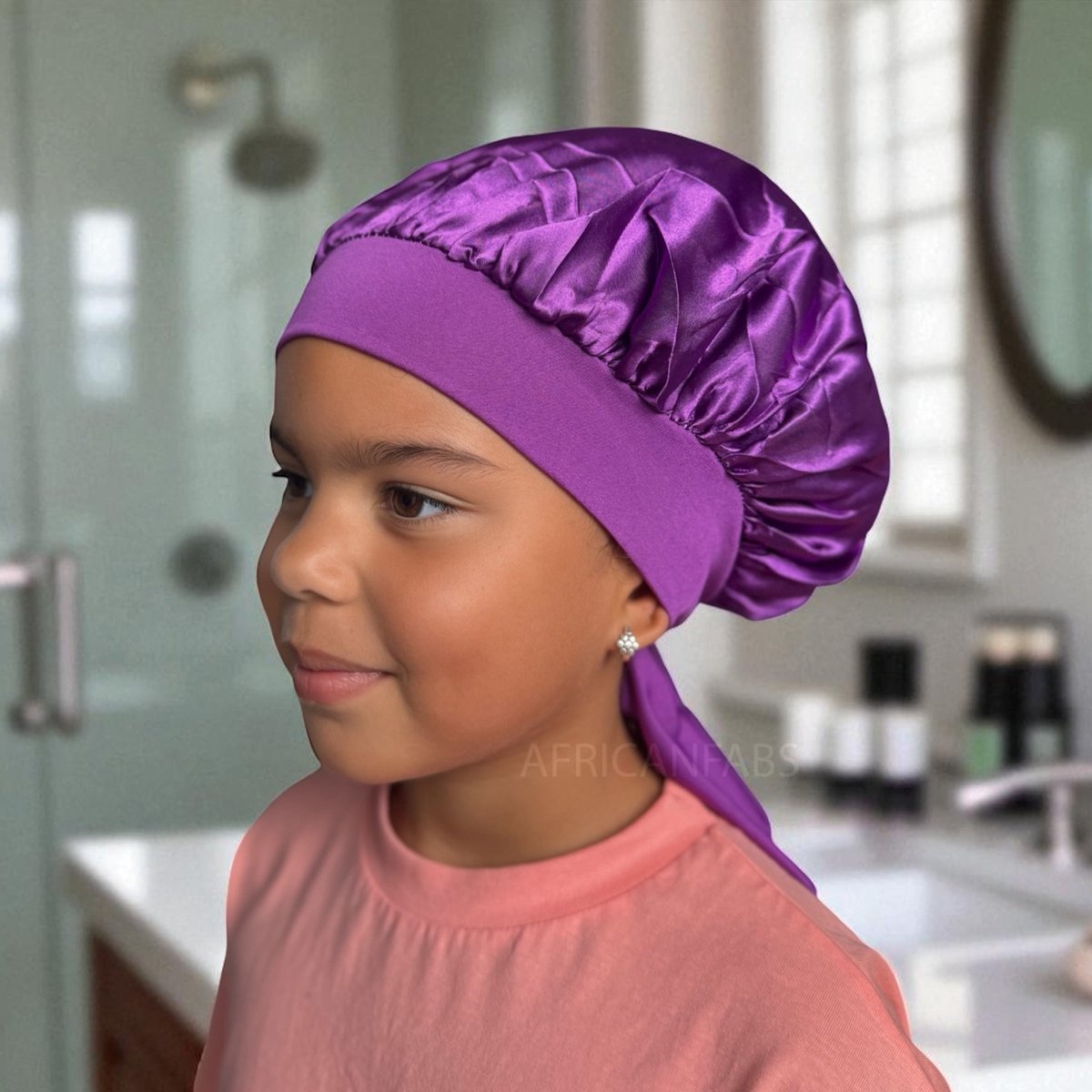 Paarse Satijnen slaapmuts met bandjes (kinderen / kindermaat 3-7 jaar) (Kinder Haar Bonnet) – AfricanFabs®