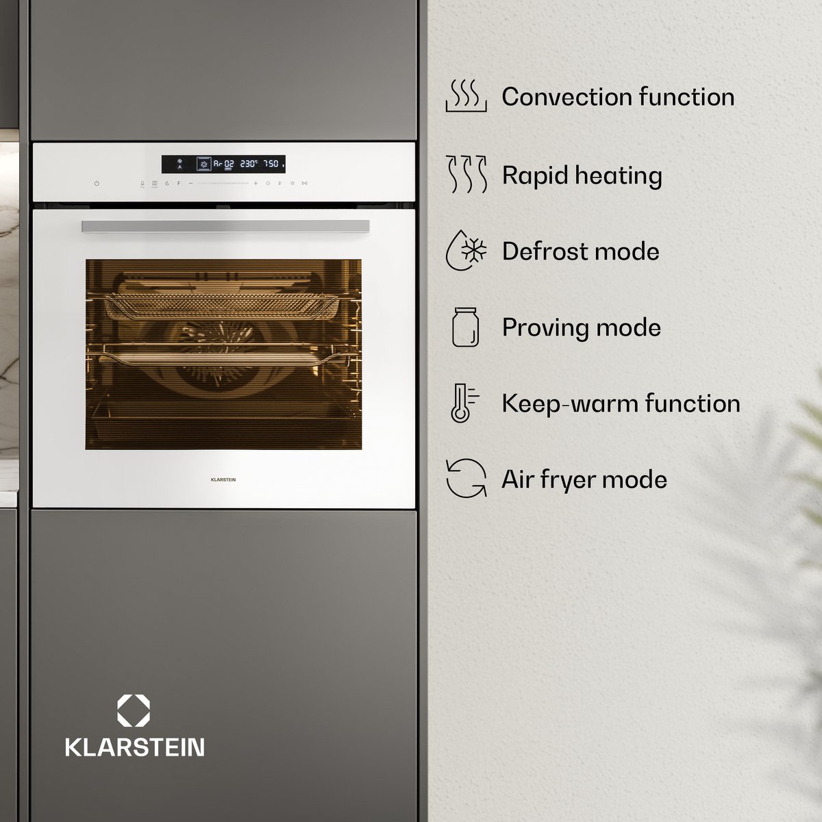 Klarstein Airfryer Airjet inbouwoven - 72 liter elektrische oven met -modus, 13 kookfuncties, touchbediening, geëmailleerde binnenkant, A++ energieklasse, driedubbele beglazing, geïntegreerde enkele oven, wit - voor Keuken