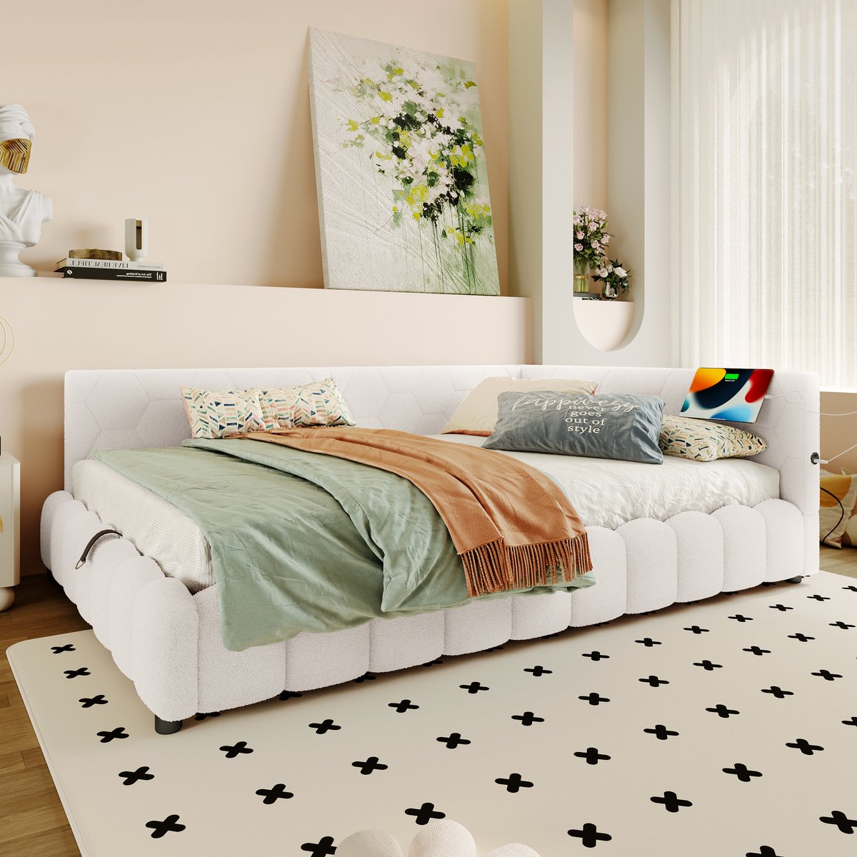 MODFU - Daybed Met Lattenbodem - Hydraulische Opbergruimte - Led-Lichtstrip - Usb En Type-C - Vliesimitatie En Mdf - Wit - 140 X 200 Cm