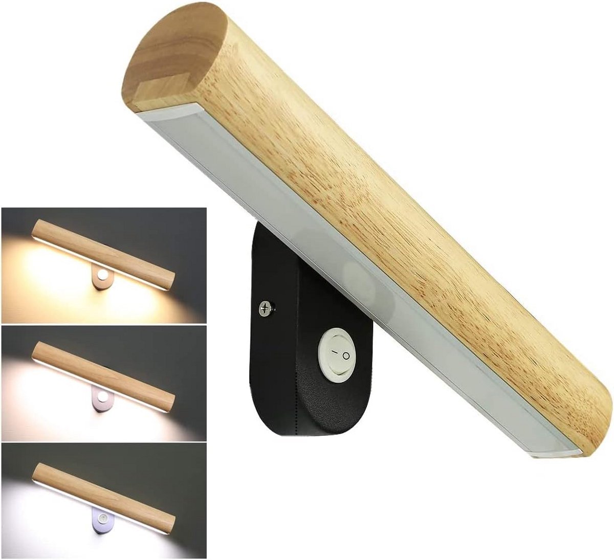 Draaibare Houten Wandlamp met Schakelaar - 3 Kleuren LED - Geschikt voor Slaapkamer en Woonkamer