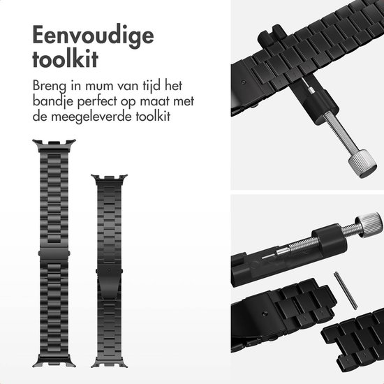 Zwarte metalen bandjes, één kleiner. Toolkit voor het op maat maken.