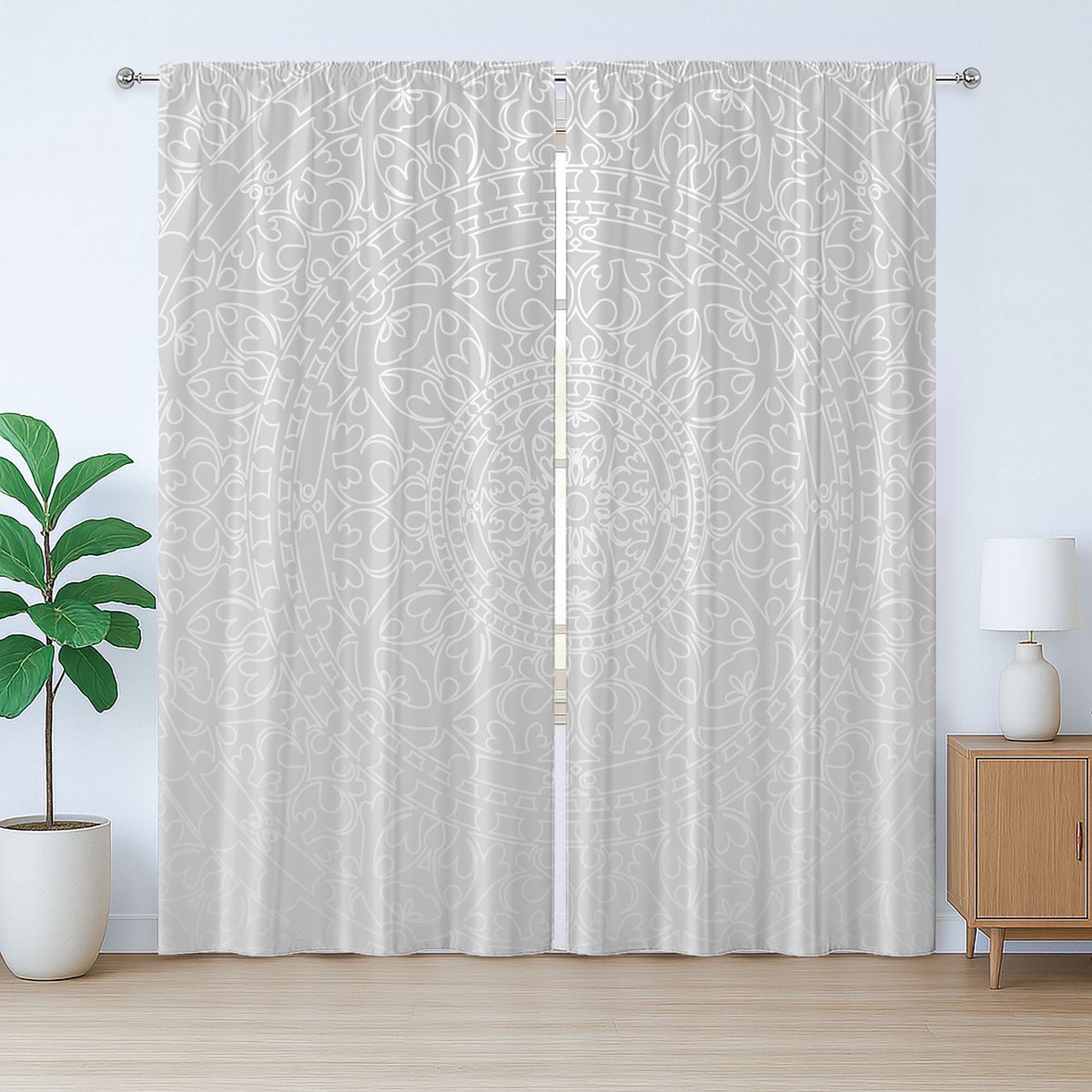 ABAKUHAUS Grijs en wit rustiek gordijn, oosters design, met lussen en haken voor de woonkamer, 280 x 245 cm, grijs