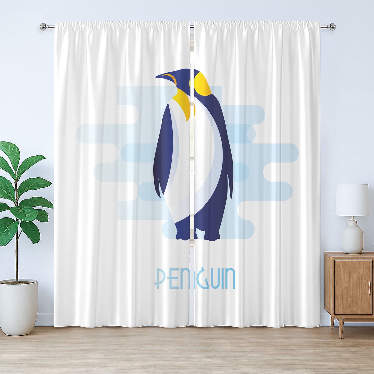 ABAKUHAUS Pinguïn Rustiek Gordijn, Arctisch Dierensilhouet, met Bandjes voor de Woonkamer met Lussen en Haken, 280 x 175 cm, Lichtblauw Indigo Mosterd