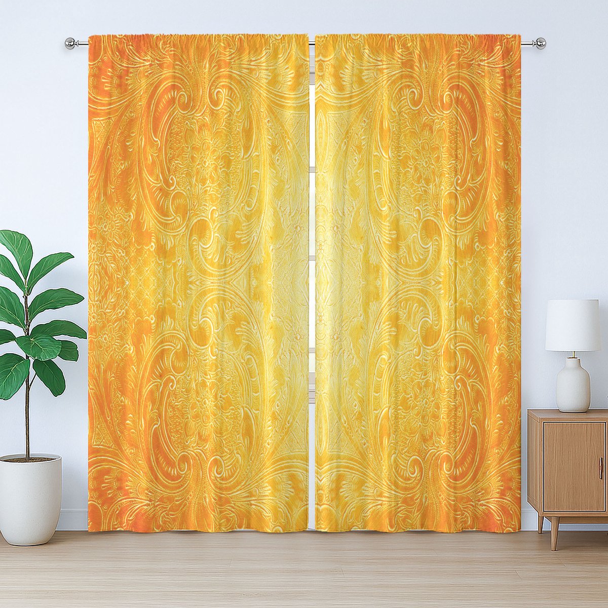 ABAKUHAUS Oranje Rustiek Gordijn, Antieke Bloemenversiering, Geplooid Gordijn voor de Slaapkamer met Lussen en Haken, 280 x 225 cm, Goudsbloem