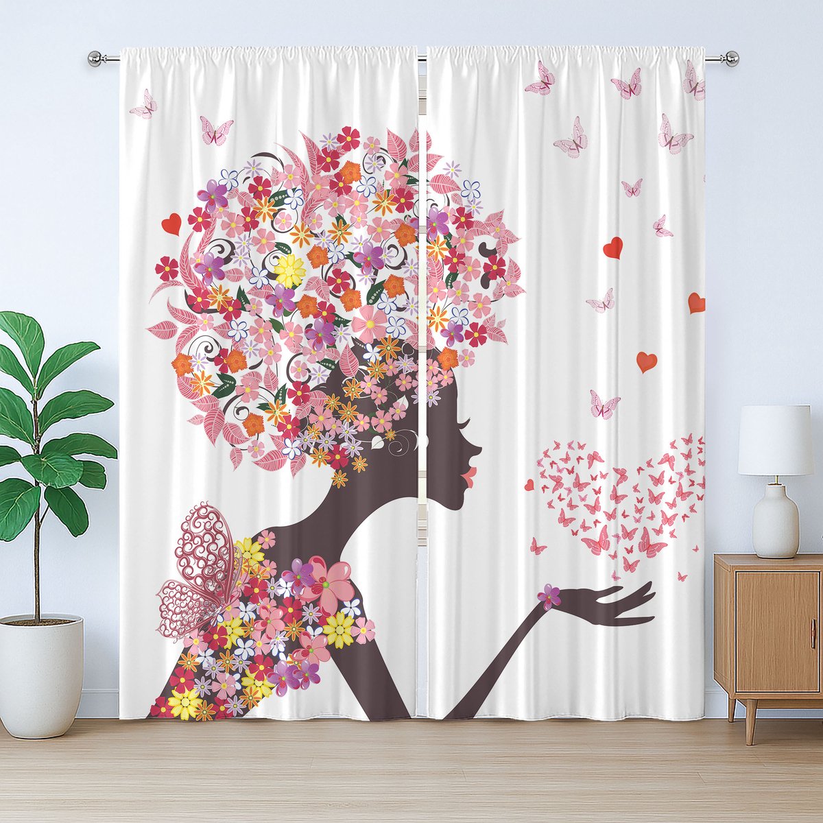 ABAKUHAUS Rustiek zomergordijn, vlinders en bloemen, geplooid slaapkamergordijn met lussen en haken, 280 x 245 cm, bruin wit roze