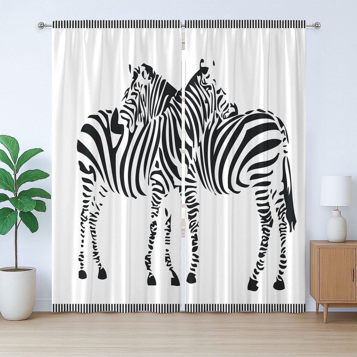 ABAKUHAUS Rustiek Gordijn met Dierenthema, 2 Zebra-silhouetten, met Bandjes en Haakjes voor de Woonkamer, 280 x 245 cm, Zwart-Wit