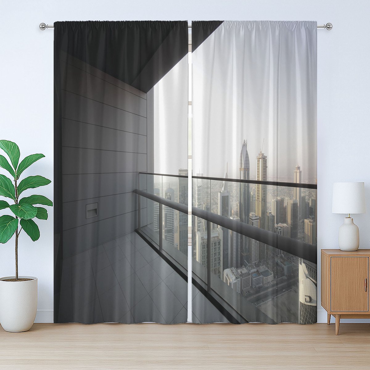 ABAKUHAUS Rustiek grijs gordijn, stadsgezicht Dubai, met lussen en haken voor de woonkamer, 280 x 175 cm, antracietgrijs en wit
