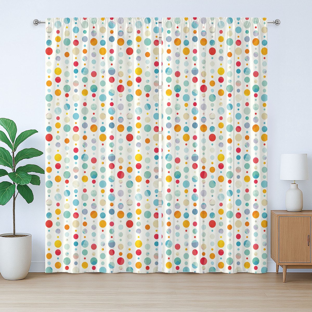 ABAKUHAUS Abstracte rustieke gordijnen, kleurrijke grote stippen, met lussen en haken voor de woonkamer, 280 x 175 cm, meerkleurig