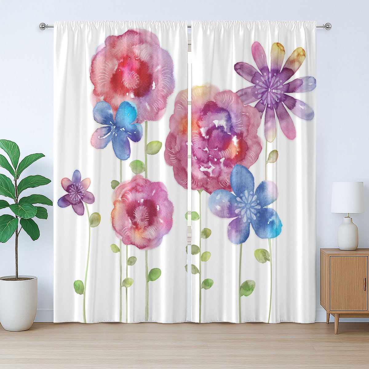 ABAKUHAUS Rustiek bloemengordijn, Boheemse roze bloemen, slaapkamergordijn met plooien en haken, 280 x 175 cm, roze, violet en blauw