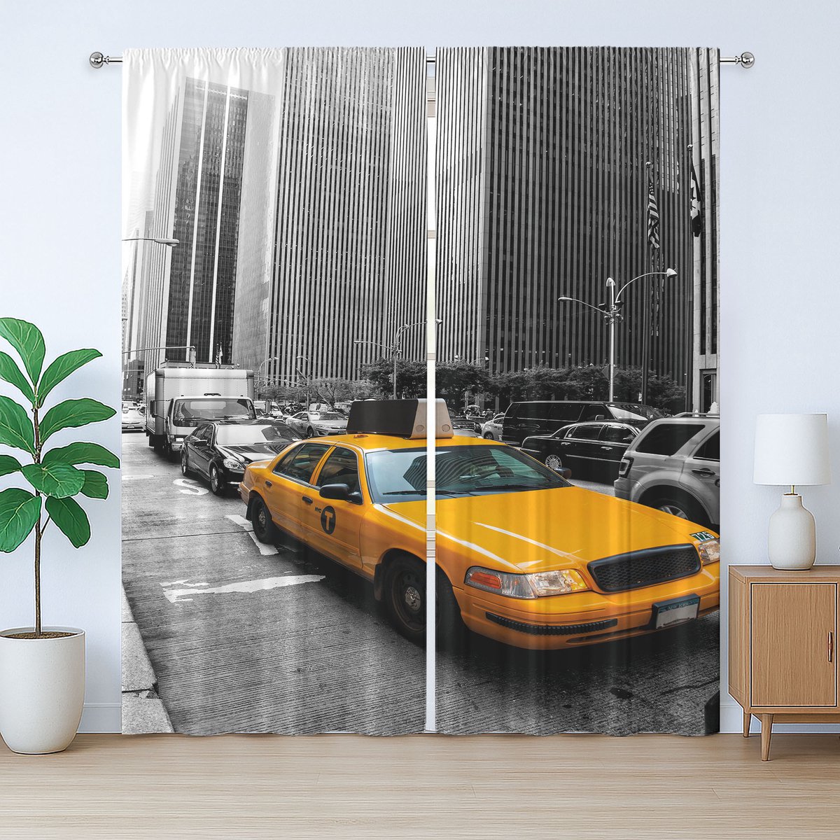 ABAKUHAUS Rustiek Stadsgordijn, New York Manhattan Straat, Slaapkamergordijn met plooien, lussen en haken, 280 x 175 cm, Goudsbloemgrijs Zwart
