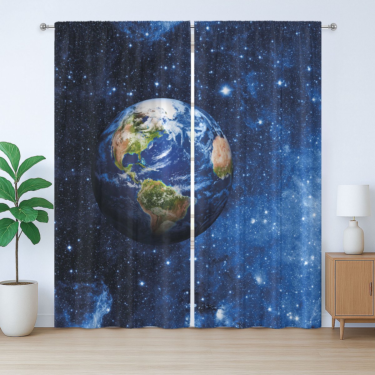 ABAKUHAUS Rustiek Gordijn, Planeet Aarde Zonnestelsel, met Bandjes, Lussen en Haken voor de Woonkamer, 280 x 225 cm, Blauwgroen