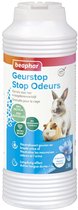 Blauwe fles met geurkorrels, met een konijn en cavia op het etiket.