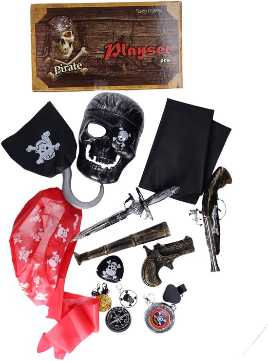 Accessoireset piraat schatkist 15-delig (2 pistolen, haakhand, verrekijker, doodshoofd, vlag, bandana, ooglapje, dolk, schatkaart, ...)