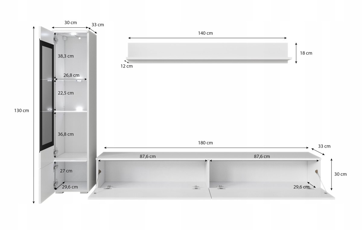 Complete 3-delige woonkamermeubelset – Mat afwerking – 180 cm TV-meubel, vitrinekast en wandplank – Zonder handvat – Vrijstaand of hangend – Wotan Eik