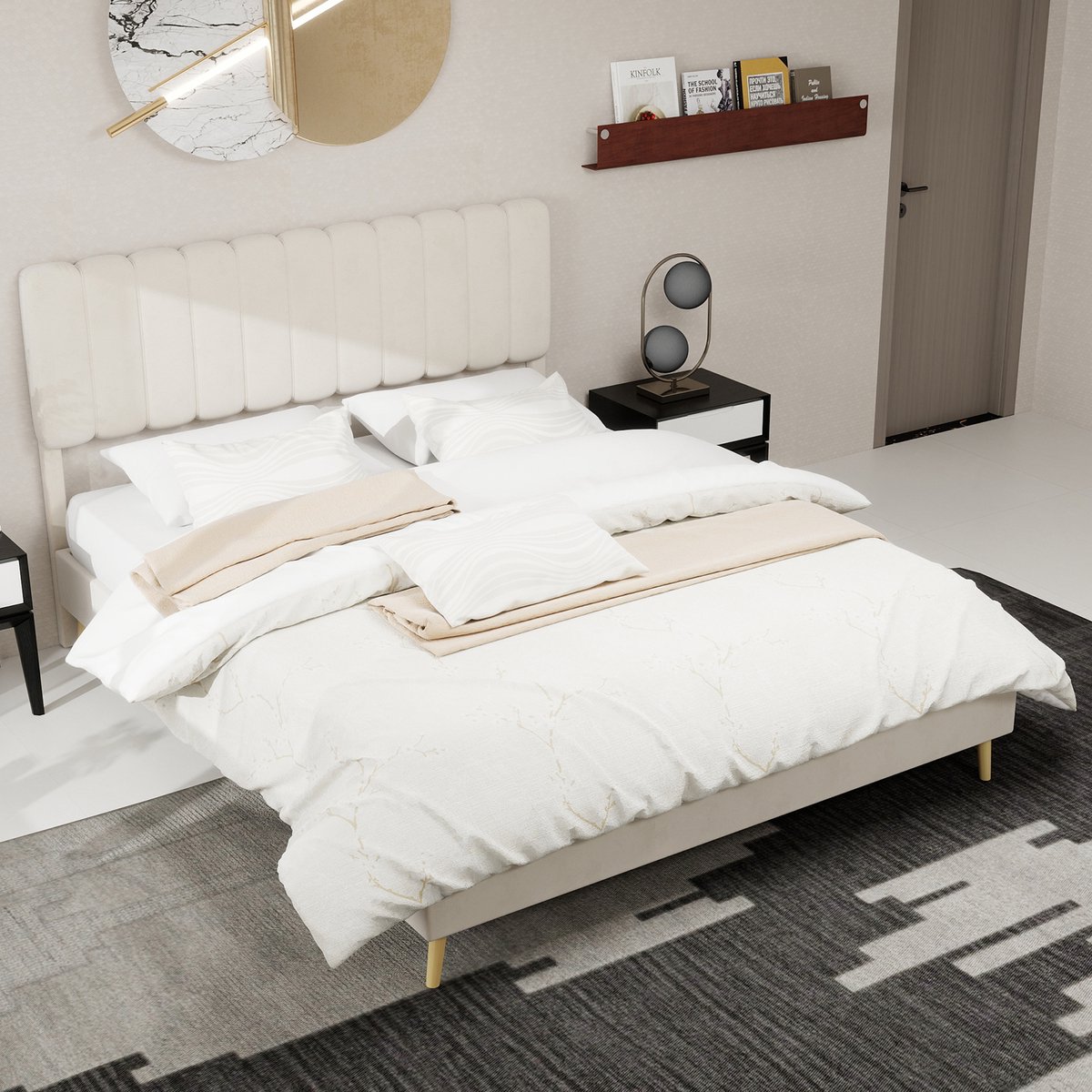 Wishdor Gestoffeerd Bedframe – 160 x 200 cm – Met Hoofdbord – Zonder Lattenbodem – Stof en Metaal Beige – Hollandse Fluwelen Look – Eenvoudige Montage – Stijlvol voor Elke Slaapkamer