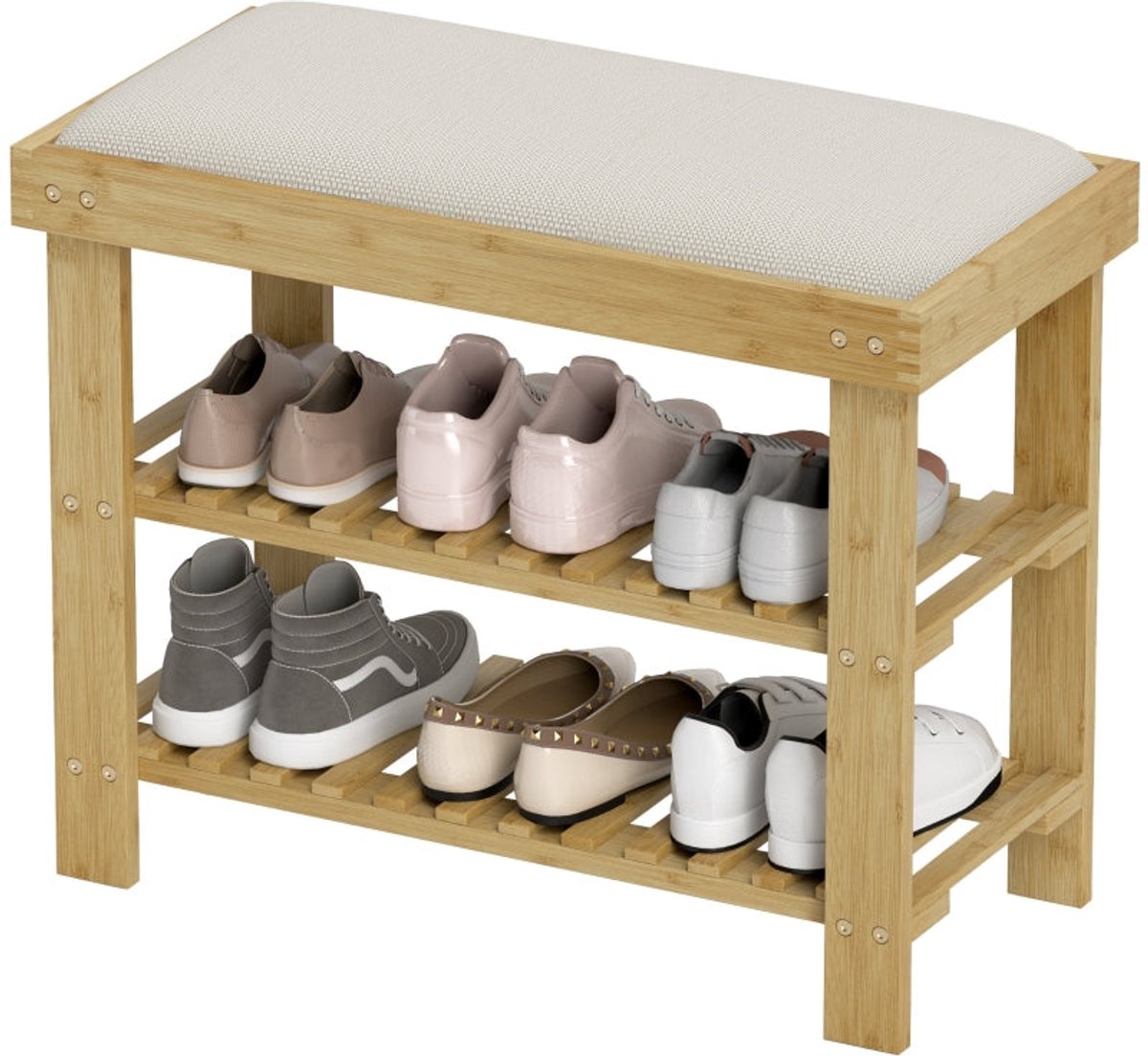 Merax Bamboe Schoenenbank Met Zitkussen - Schoenrek Met Opbergruimte - 2 Open Schoenlagen - Garderobebank Voor Hal Entree En Woonkamer - Belastbaar Tot 150 Kg - Creme Wit - 60 X 29 X 49 Cm