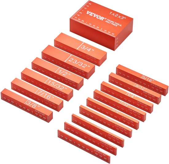 Een verzameling van 16 oranje opstelblokken in verschillende maten, met maten op elke zijde.