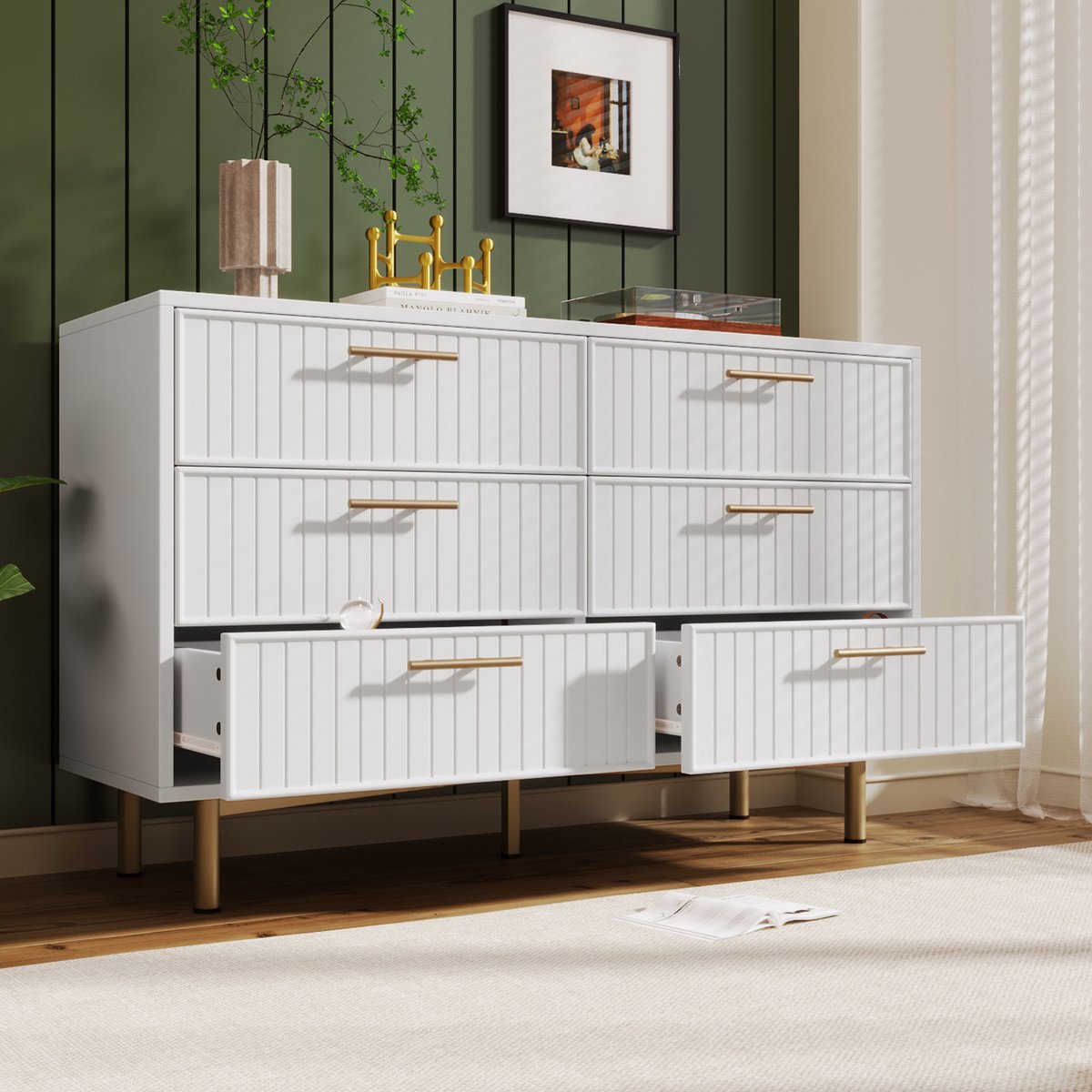 FloraGrace Ladekast - Modern Geribbeld Frontdesign Met 6 Lades - Opbergen In Slaapkamer En Woonkamer - Spaanplaat Metaal - Wit - 120x40x75 Cm
