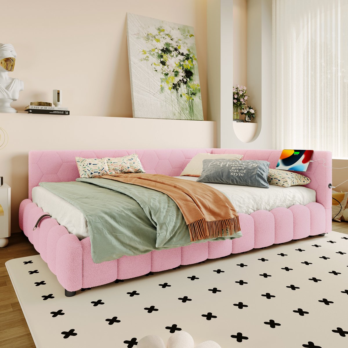 MODFU Bedframe 140x200 cm – fluweel en MDF – met hoofdbord, opbergruimte en LED – roze – dagbed voor de dromer