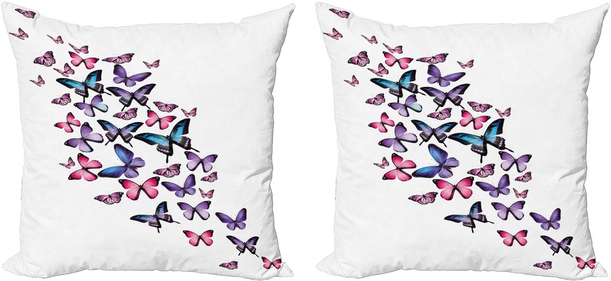 ABAKUHAUS Decoratieve kussenhoezen in marineblauw en roze, set van 2, met veel vlinders, 50x50 cm, paars, blauw, roze