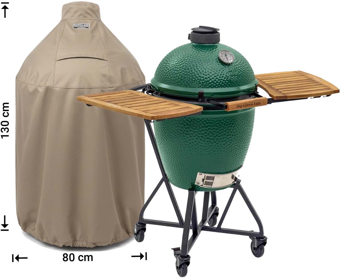 Raffles Covers Big Green Egg / Kamado hoes - 80 x 80 H: 130 cm - RBGE80long - Waterdicht - Ademend - UV-bestendig - Elastisch rijgkoord - Big Green Egg / Kamado Accessoires - Hoes voor BBQ + Tafel Taupe