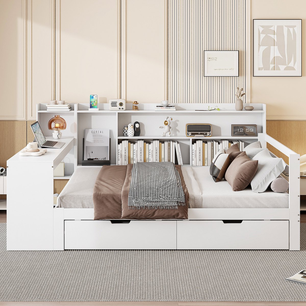 Wishdor Multifunctionele Slaapbank – 140 x 200 cm – Met Bureau en Boekenkast – Massief Hout Wit – Inclusief Stopcontact en USB – Met 2 Lades en Opbergvakken – Complete Werk- en Slaapplek voor Studenten of Logeerkamer