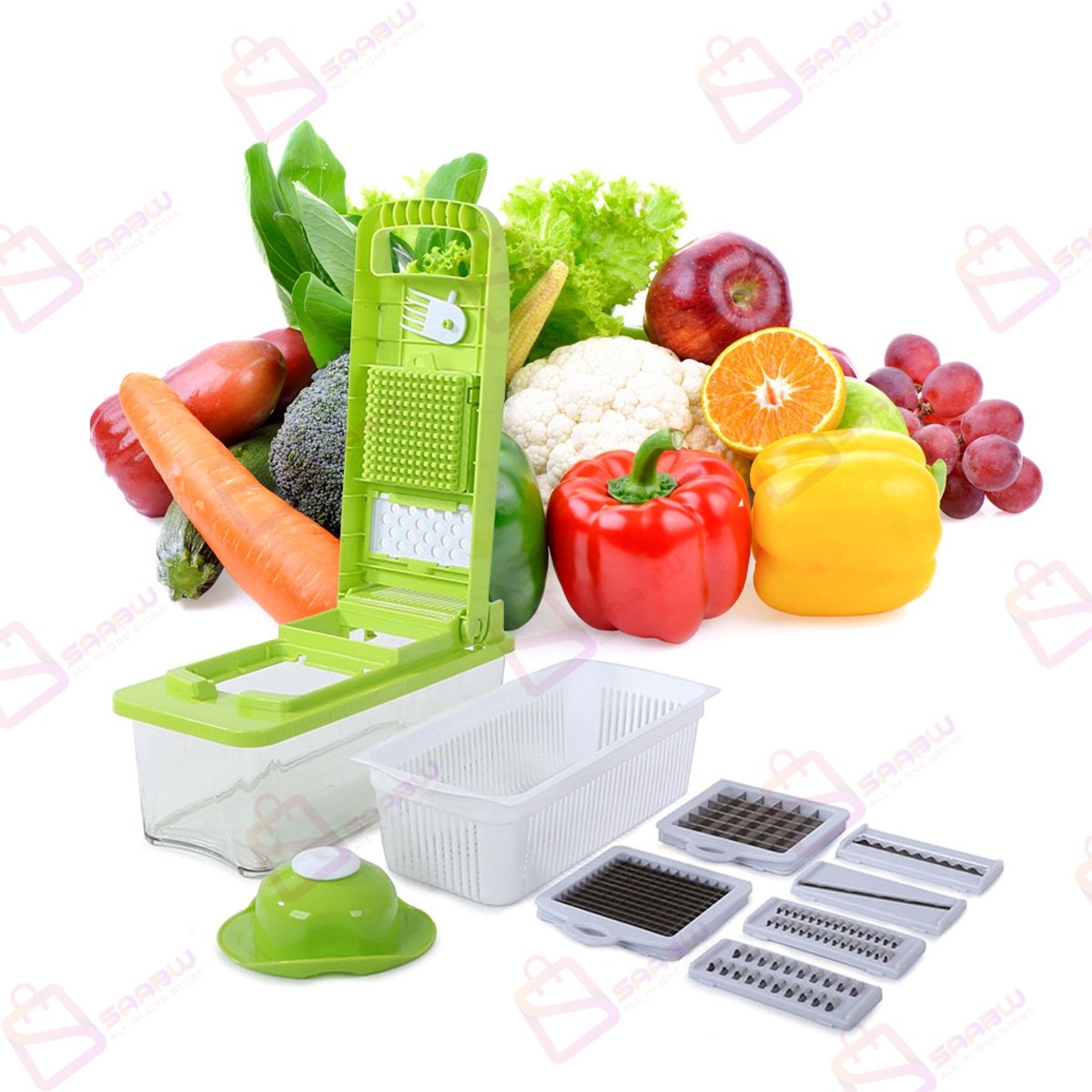 Multifunctionele Groente- en Fruitsnijder met Opvangbak – Mandoline Rasp & Snijset met 7 Opzetstukken – Groen/Wit – groentesnijder – groente snijder –Frietsnijder – Keukenmandoline – Keukensnijder – Rasp instelbaar – Uiensnijder – 19383