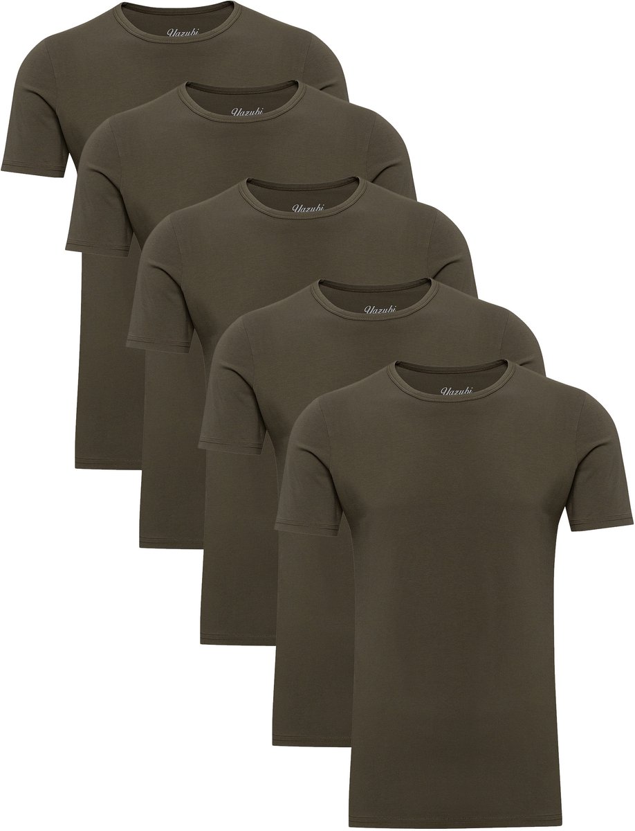 Yazubi Heren T-shirt Mythic – Slim Fit – Katoen Stretch – Olijfgroen – Ronde hals – 5-pack
