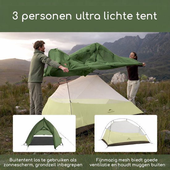 Naturehike Cloud Up 3 PRO - 3 persoons lichtgewicht tent - Waterdichte kampeertent - 20D 3000MM - Inclusief grondzeil - Outdoor trekking koepeltent - Wit/Grijs van Naturehike — afbeelding 3