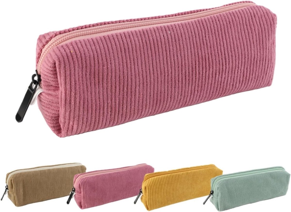 Pennenetui Corduroy - Etui Pennen - Bureau Organisatie - Lichtgewicht Materiaal - 18 x 12 cm - Roze