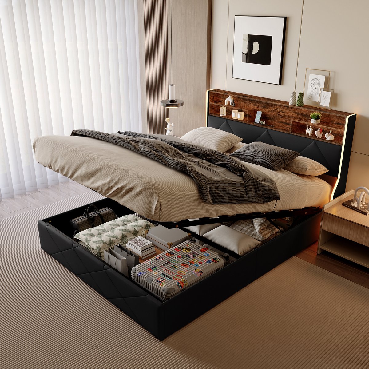 Bedframe 160x200 – met Opbergruimte – LED & USB-C – Wingback Hoofdbord – Zwart