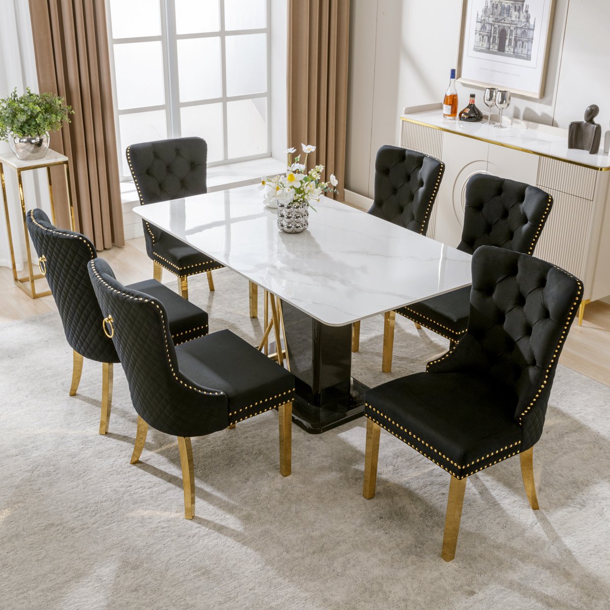 REDOM Eetkamerstoel - Ronde Trekgrepen - Nagelrand - Modern - Voor Eetkamer - Fluweel - Zwart - 50,5 X 45 X 95 Cm