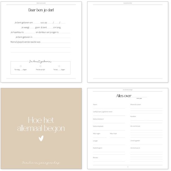 Pagina's uit een babyboek met titels als 'Daar ben je dan!' en 'Hoe het allemaal begon'.