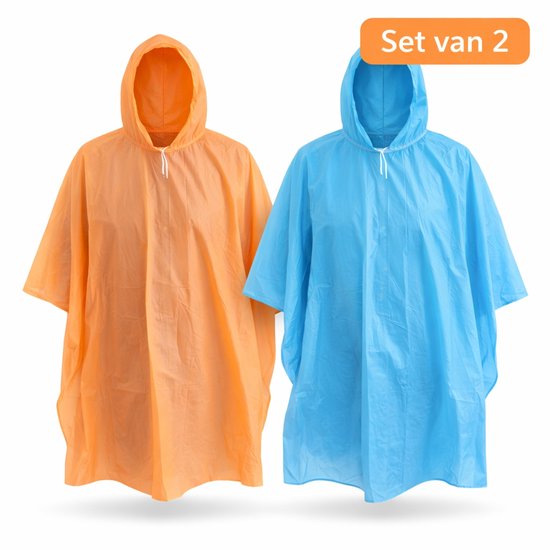Oranje en blauwe regenponcho's met capuchon, met oranje tekst 'Set van 2' bovenaan.