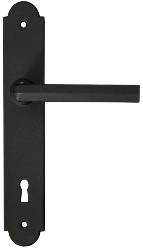 Poignée de porte noire avec trou de serrure sur fond blanc.