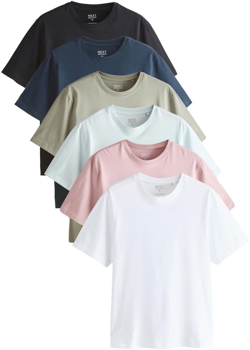 Next - Heren - Set van 6 basic T-shirts van katoen met standaard pasvorm - Wit
