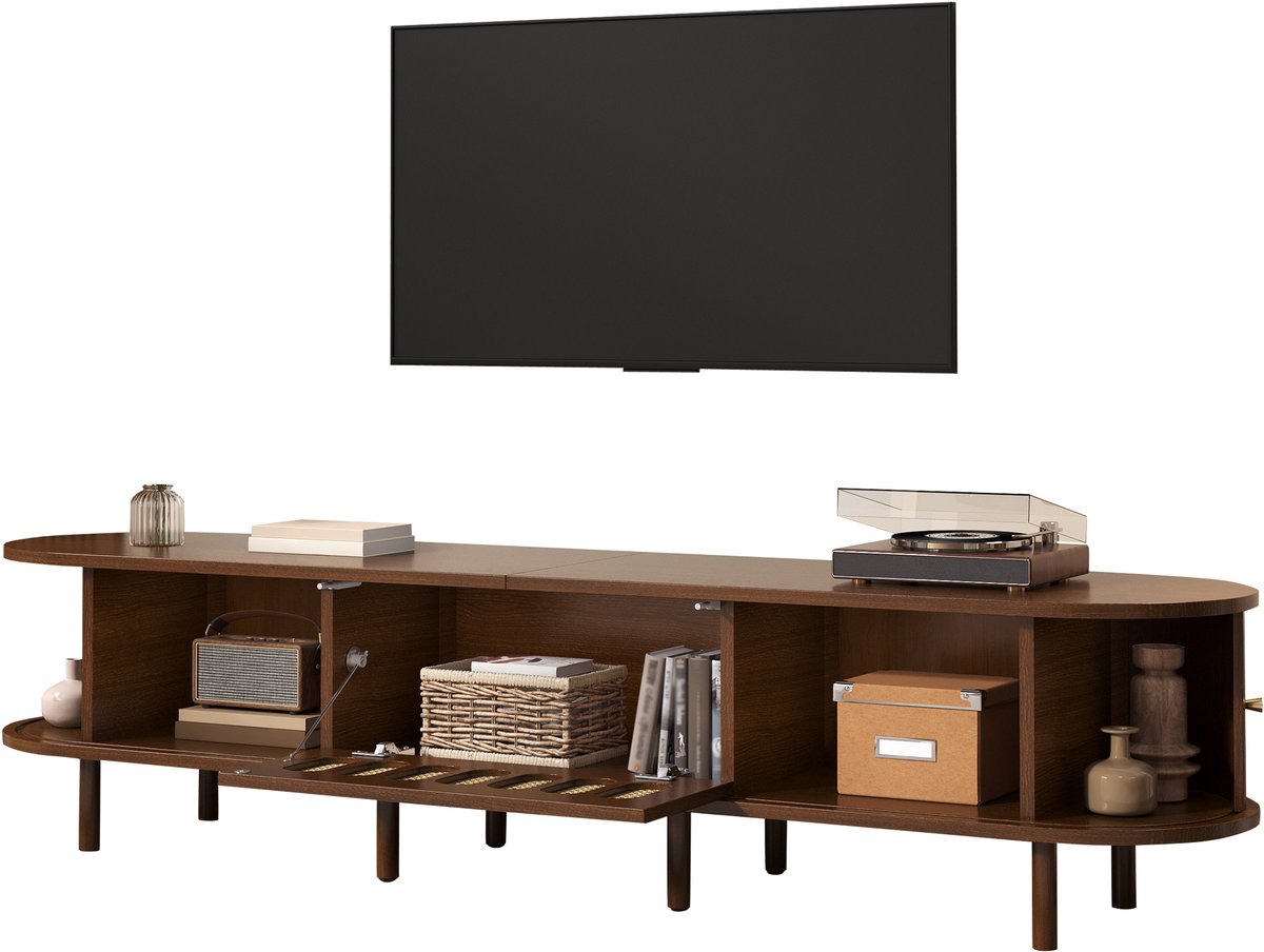 Wishdor - TV-Meubel - Klepdeur En Roldeuren - Retro - Woonkamer - MDF - Walnootkleur - 180 x 40 x 40 cm