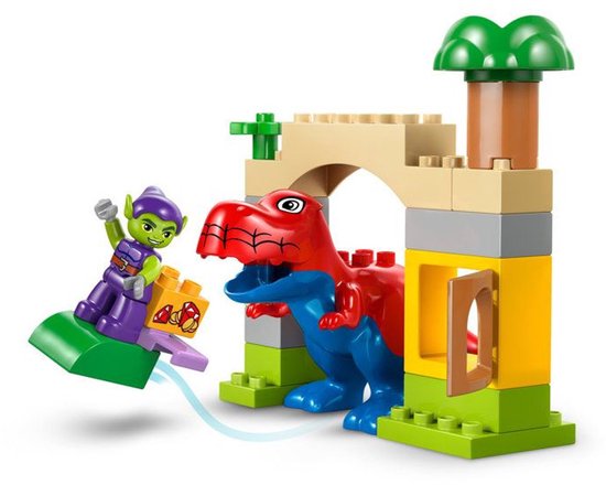 LEGO Duplo speelset met een rode en blauwe dinosaurus, groene goblin en een fort. De goblin gooit met water.