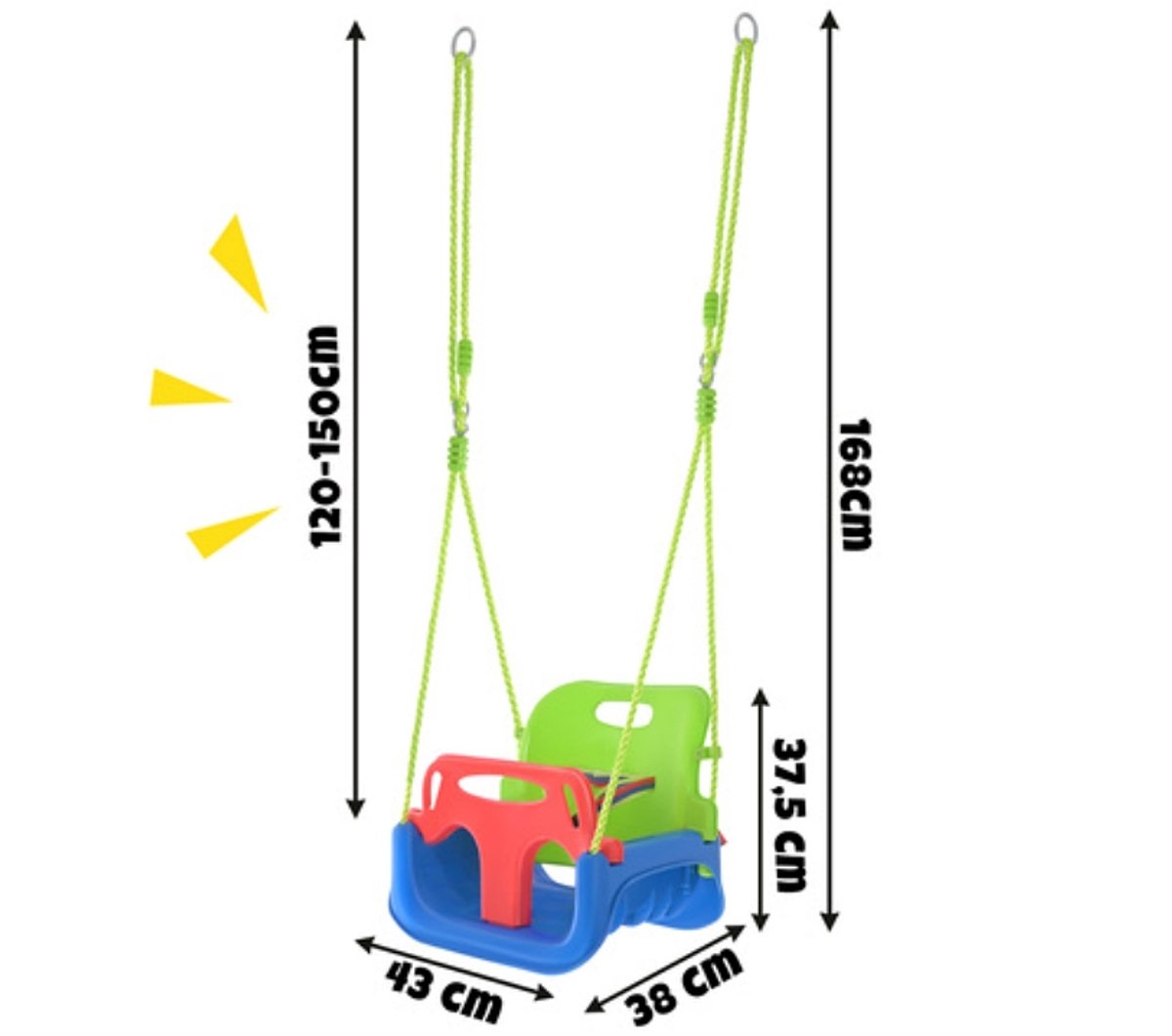 3-in-1 Kinderschommel met Veiligheidsbeugel & Rugleuning – Verstelbare Touwen 120-150 cm – Binnen & Buiten – Max 30 kg – peuter schommel veilig –baby schommel stoel – kinder schommel verstelbaar – schommel met rugleuning – 62774 — afbeelding 8