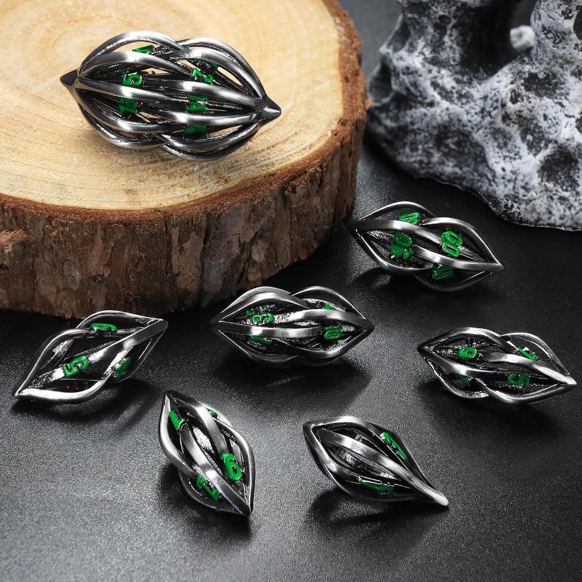 Dobbelstenen Set - Polyhedrale Dobbelstenen - Rollenspellen Avontuur - Volledige Set 7 Stuks - 150 Gram Metaal - Groen